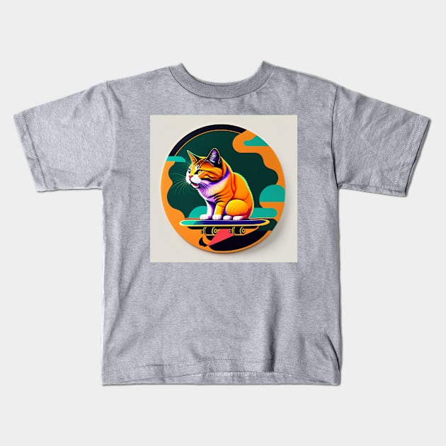 Cat on skateboard with sky background for cat lover Kids T-Shirt by Fun and Cool Tees